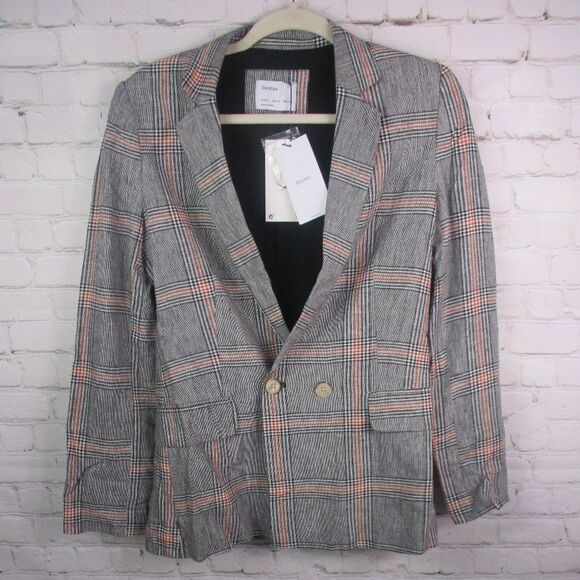 NWT Bershka Size Small Double Breasted Plaid Linen Blazer - Picture 2 of 5
